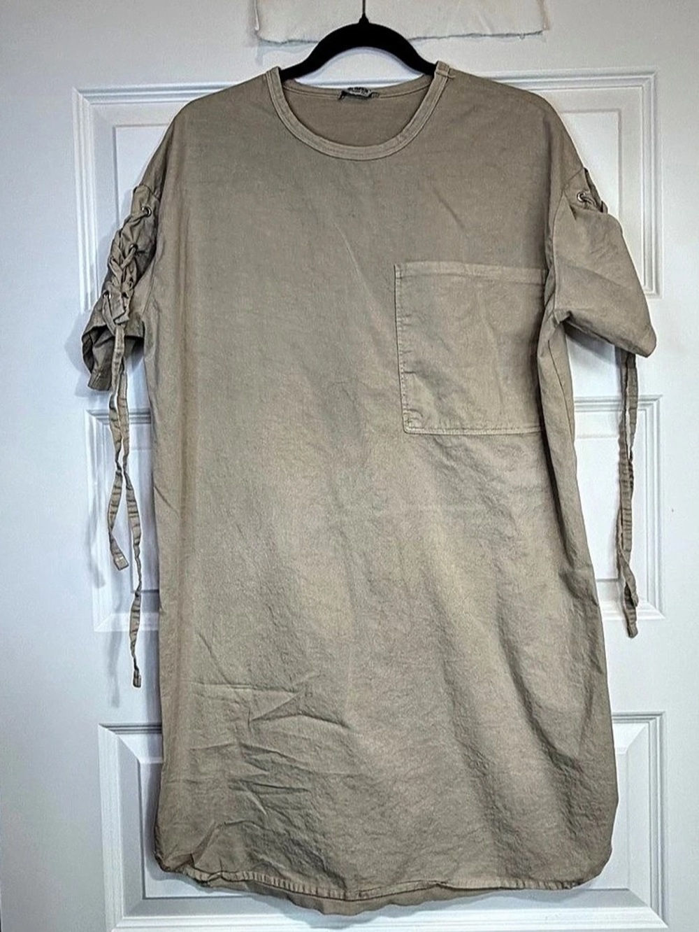 Zara Trafaluc Women’s 100% Cotton TShirt Dress Khaki Lace Up Sleeves 2017 | 1137